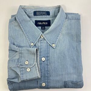 NAUTICA Mens Chambray Shirt Button Down Long Sleeve Size 17 32/33 Blue Cotton